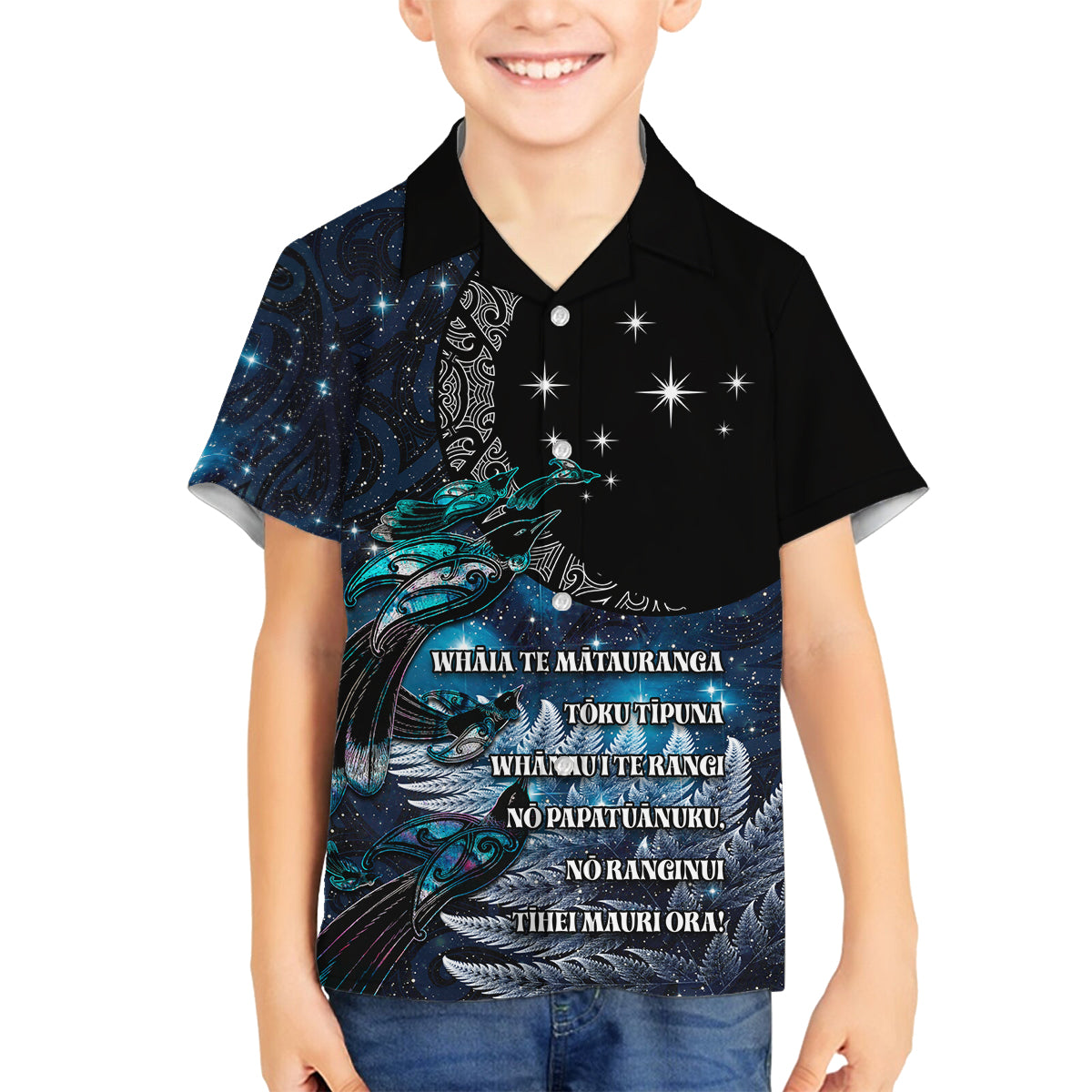New Zealand Tui Bird Family Matching Off Shoulder Maxi Dress and Hawaiian Shirt Matariki Poetry Pattern Galaxy Style LT03 Son's Shirt Blue - Polynesian Pride