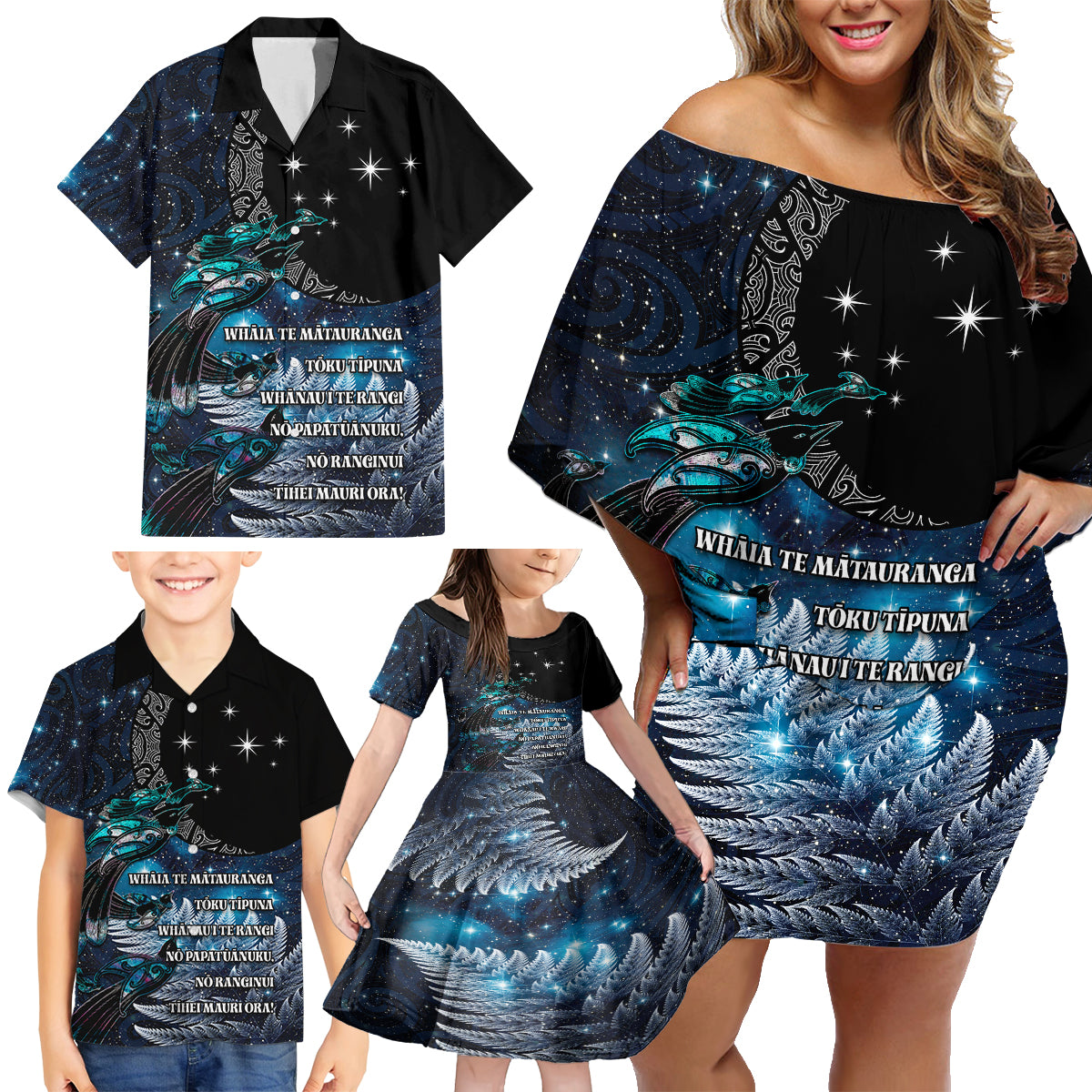 New Zealand Tui Bird Family Matching Off Shoulder Short Dress and Hawaiian Shirt Matariki Poetry Pattern Galaxy Style LT03 - Polynesian Pride
