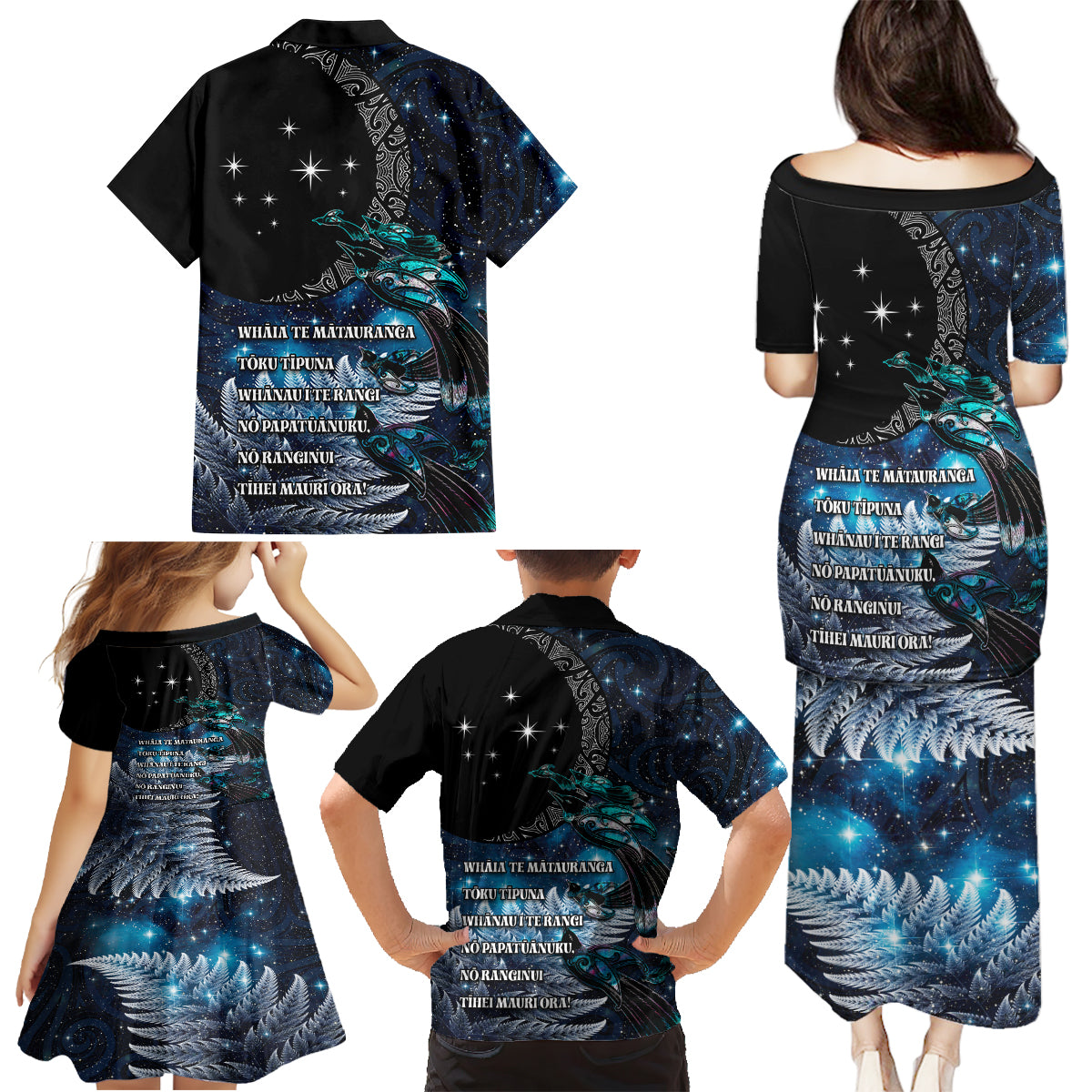 New Zealand Tui Bird Family Matching Puletasi and Hawaiian Shirt Matariki Poetry Pattern Galaxy Style LT03 - Polynesian Pride