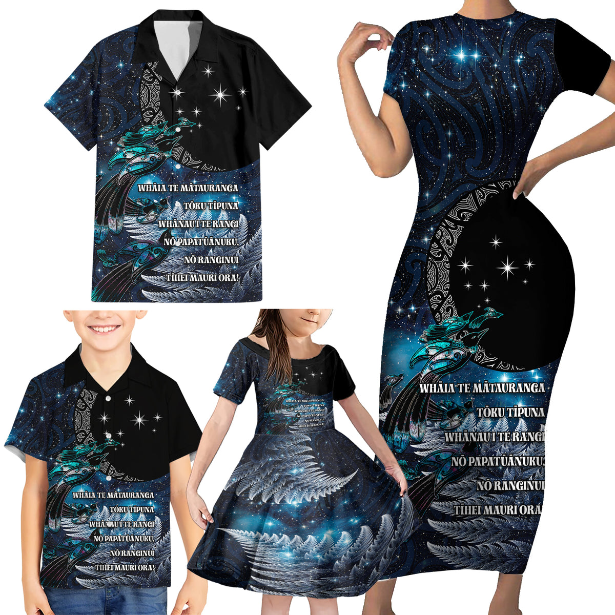 New Zealand Tui Bird Family Matching Short Sleeve Bodycon Dress and Hawaiian Shirt Matariki Poetry Pattern Galaxy Style LT03 - Polynesian Pride