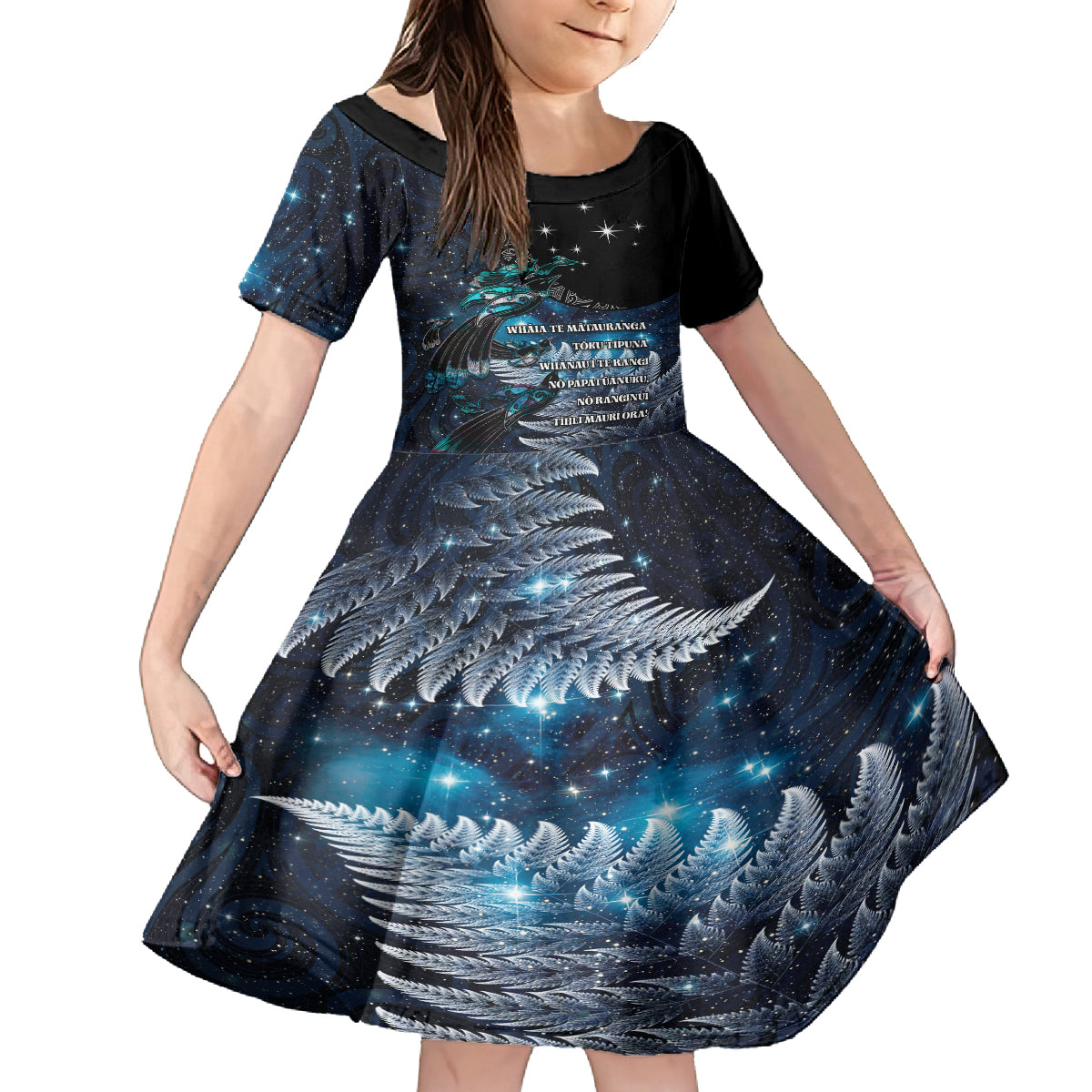 New Zealand Tui Bird Family Matching Summer Maxi Dress and Hawaiian Shirt Matariki Poetry Pattern Galaxy Style LT03 Daughter's Dress Blue - Polynesian Pride