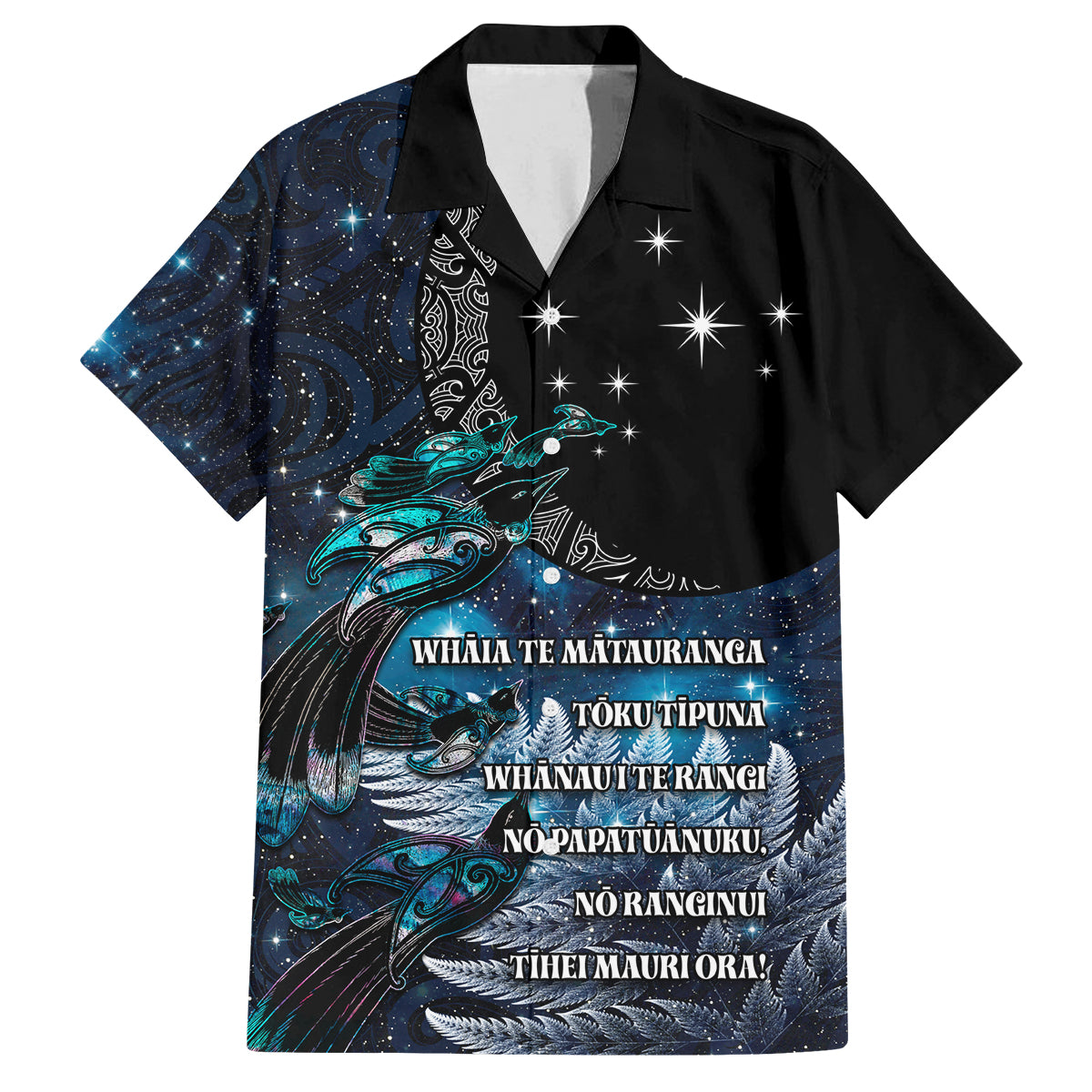 New Zealand Tui Bird Family Matching Summer Maxi Dress and Hawaiian Shirt Matariki Poetry Pattern Galaxy Style LT03 Dad's Shirt - Short Sleeve Blue - Polynesian Pride
