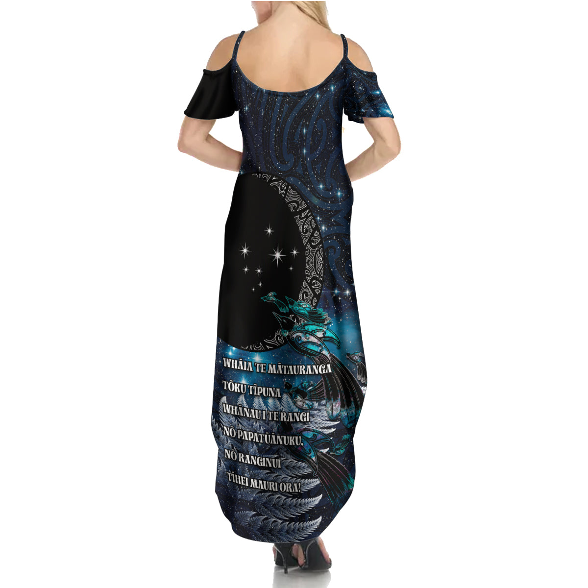 New Zealand Tui Bird Family Matching Summer Maxi Dress and Hawaiian Shirt Matariki Poetry Pattern Galaxy Style LT03 - Polynesian Pride