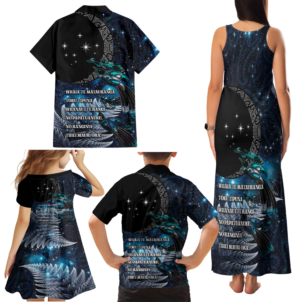 New Zealand Tui Bird Family Matching Tank Maxi Dress and Hawaiian Shirt Matariki Poetry Pattern Galaxy Style LT03 - Polynesian Pride