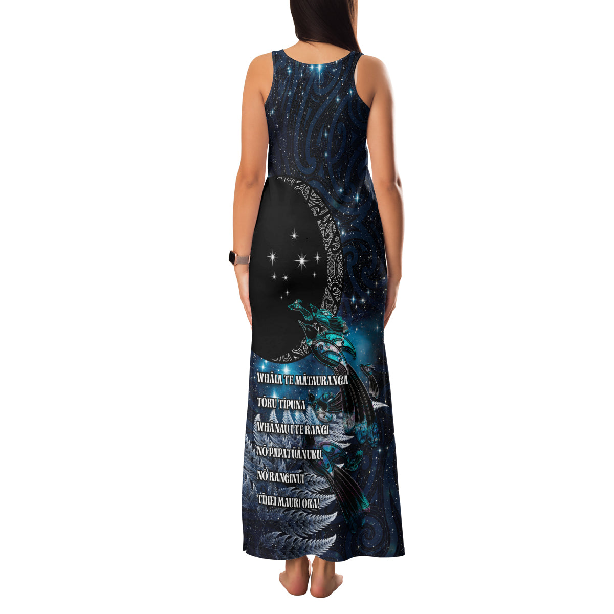 New Zealand Tui Bird Family Matching Tank Maxi Dress and Hawaiian Shirt Matariki Poetry Pattern Galaxy Style LT03 - Polynesian Pride