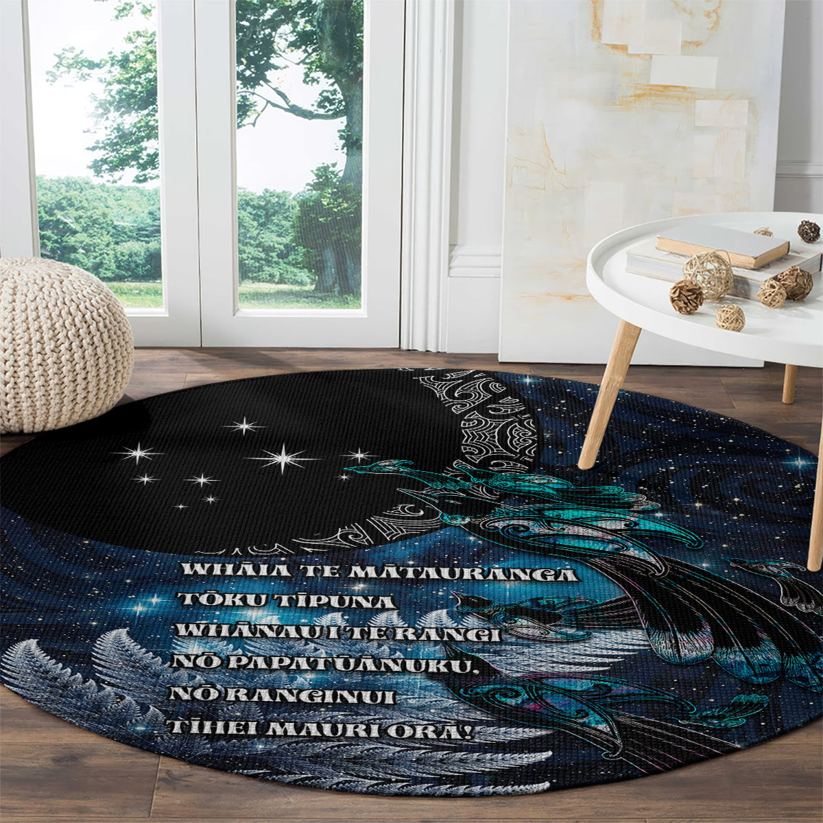 New Zealand Tui Bird Round Carpet Matariki Poetry Pattern Galaxy Style