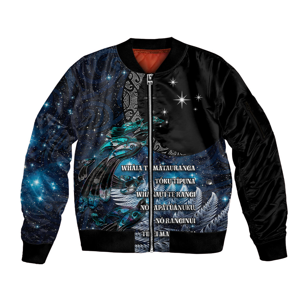 New Zealand Tui Bird Sleeve Zip Bomber Jacket Matariki Poetry Pattern Galaxy Style LT03 Unisex Blue - Polynesian Pride