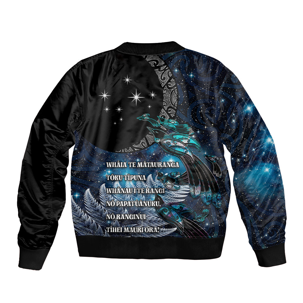 New Zealand Tui Bird Sleeve Zip Bomber Jacket Matariki Poetry Pattern Galaxy Style LT03 - Polynesian Pride