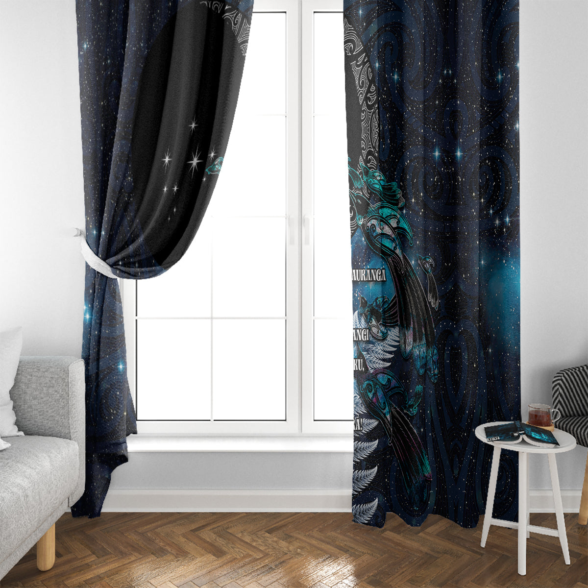 New Zealand Tui Bird Window Curtain Matariki Poetry Pattern Galaxy Style