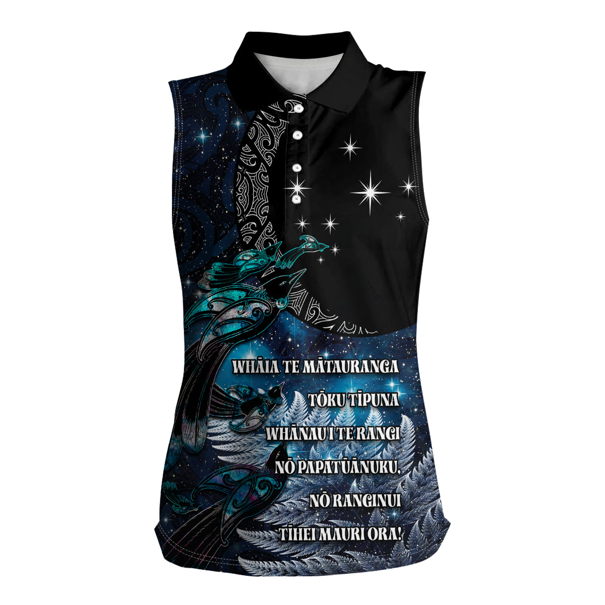 New Zealand Tui Bird Women Sleeveless Polo Shirt Matariki Poetry Pattern Galaxy Style LT03 Female Blue - Polynesian Pride