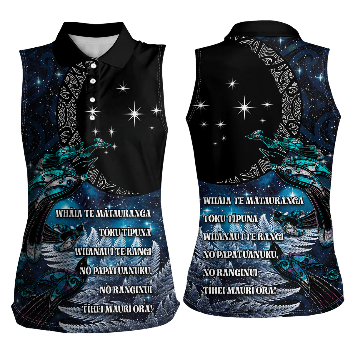 New Zealand Tui Bird Women Sleeveless Polo Shirt Matariki Poetry Pattern Galaxy Style LT03 - Polynesian Pride
