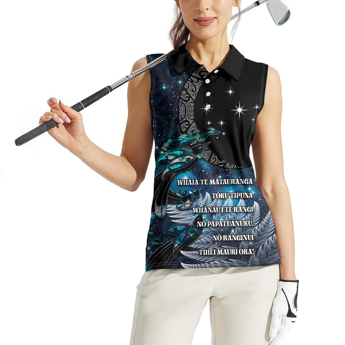 New Zealand Tui Bird Women Sleeveless Polo Shirt Matariki Poetry Pattern Galaxy Style LT03 - Polynesian Pride