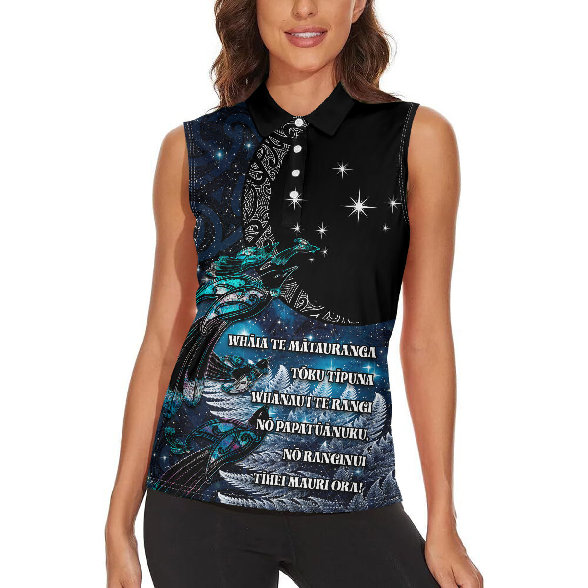 New Zealand Tui Bird Women Sleeveless Polo Shirt Matariki Poetry Pattern Galaxy Style LT03 - Polynesian Pride