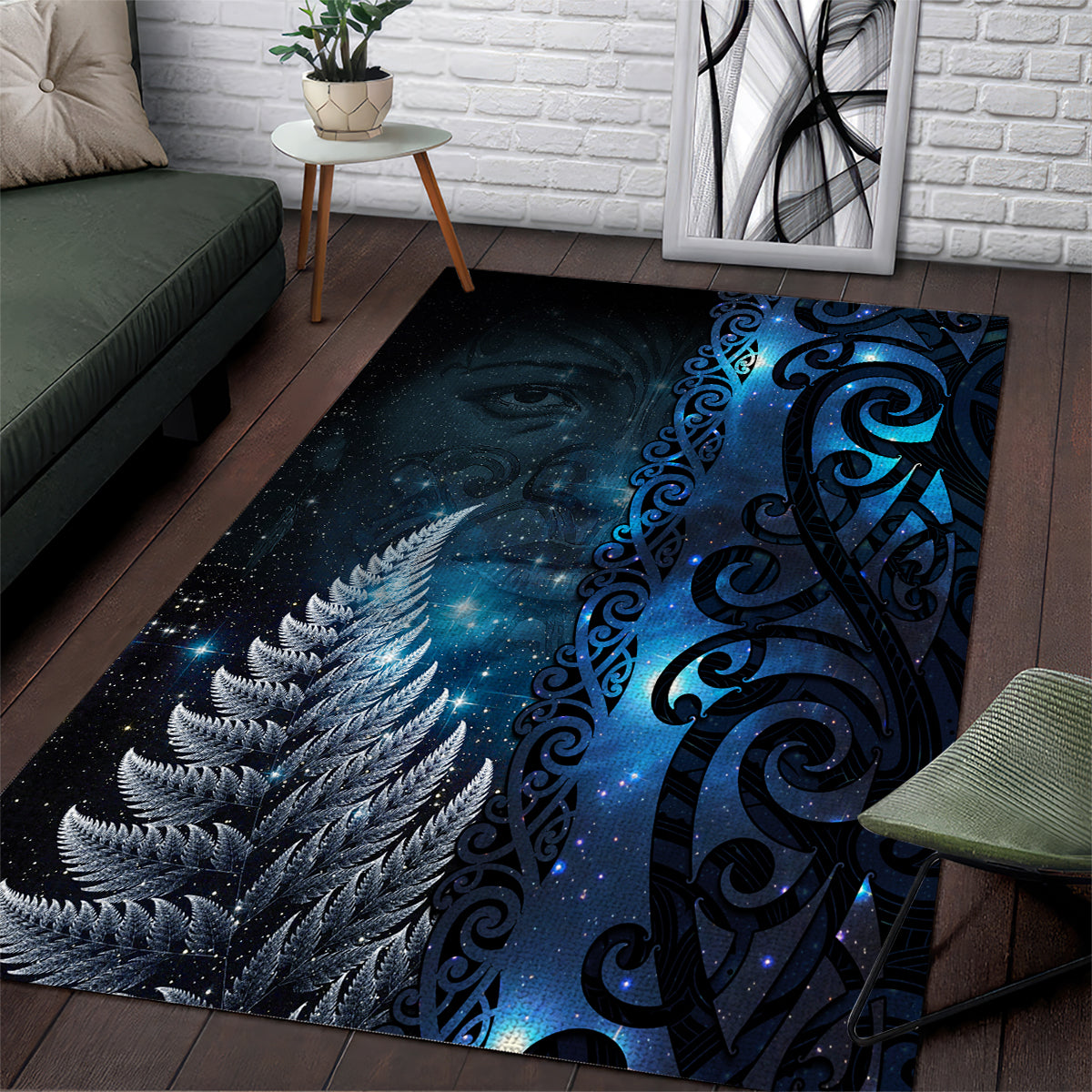 New Zealand Matariki Area Rug The Tribal Maori Face and Silver Fern LT03 Blue - Polynesian Pride
