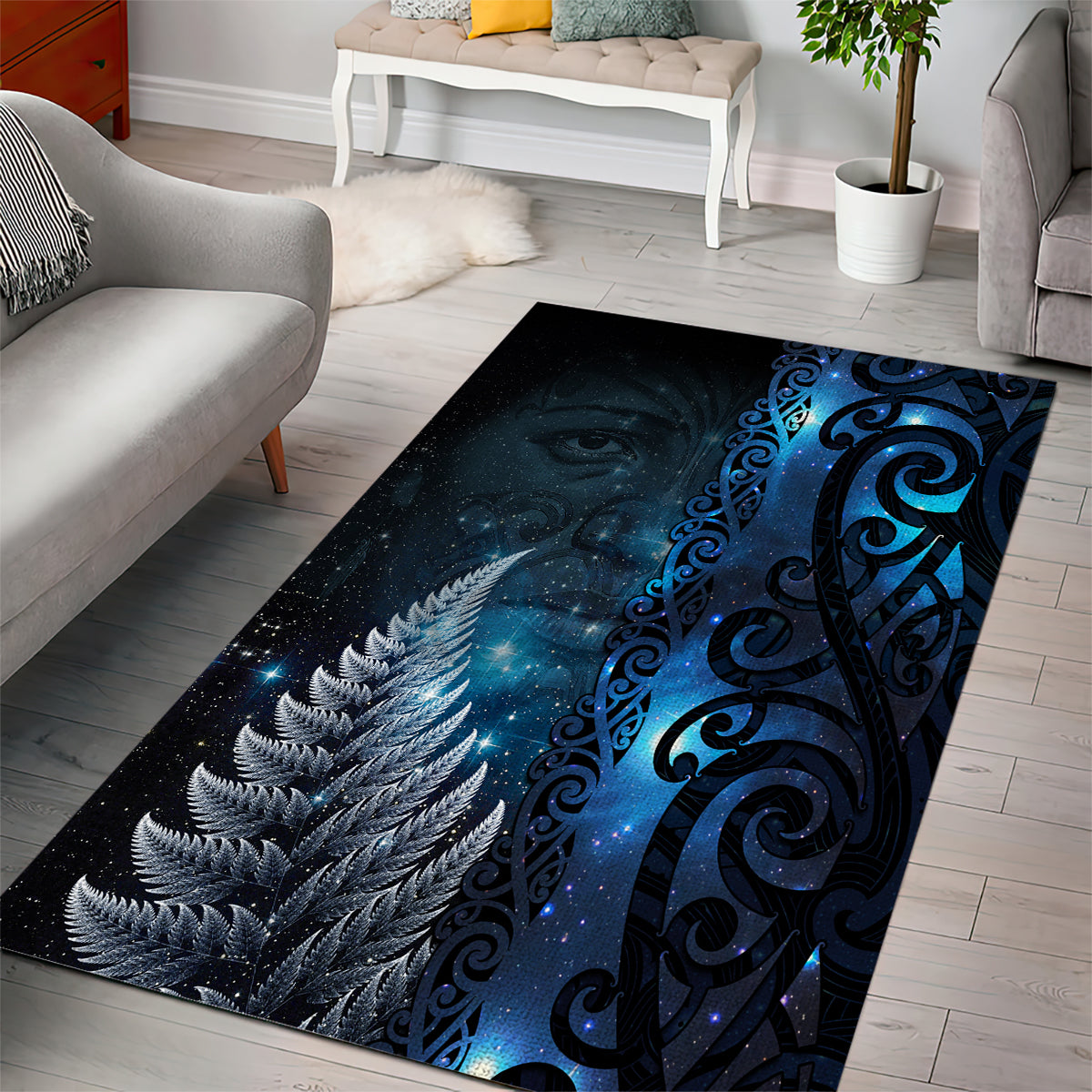 New Zealand Matariki Area Rug The Tribal Maori Face and Silver Fern LT03 - Polynesian Pride