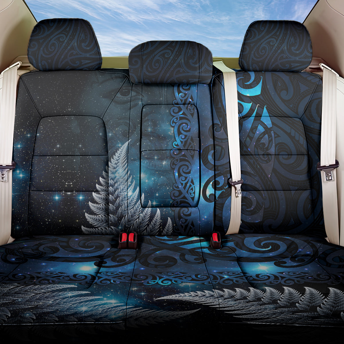 New Zealand Matariki Back Car Seat Cover The Tribal Maori Face and Silver Fern LT03 One Size Blue - Polynesian Pride