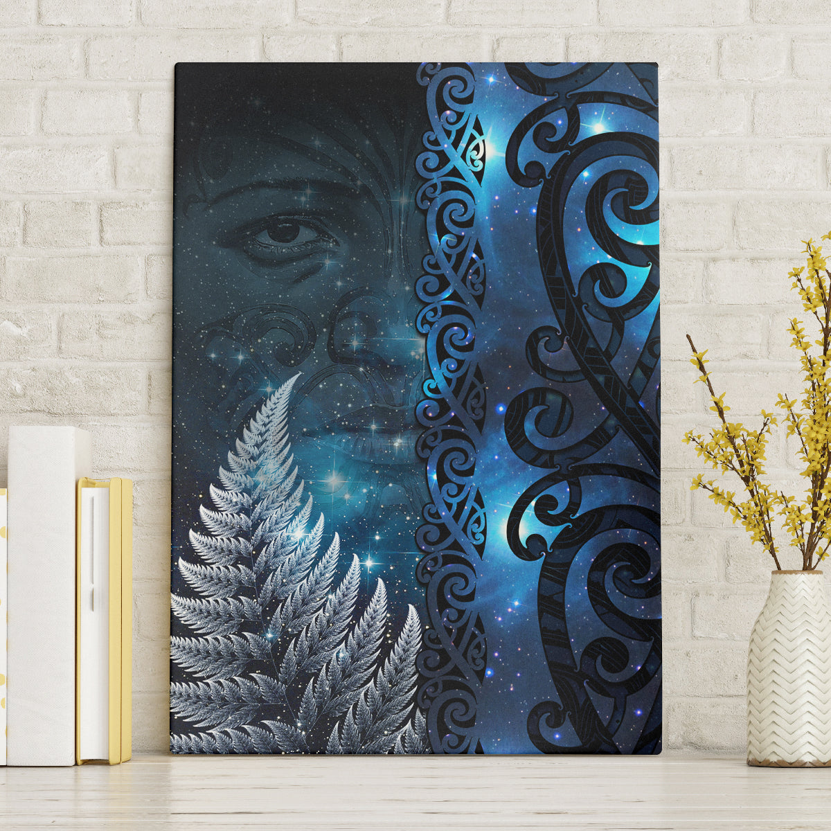New Zealand Matariki Canvas Wall Art The Tribal Maori Face and Silver Fern LT03 Without Frame Blue - Polynesian Pride