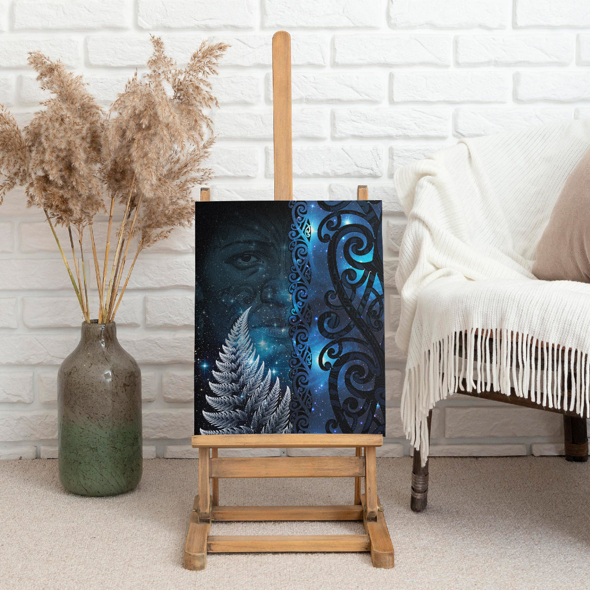 New Zealand Matariki Canvas Wall Art The Tribal Maori Face and Silver Fern LT03 - Polynesian Pride