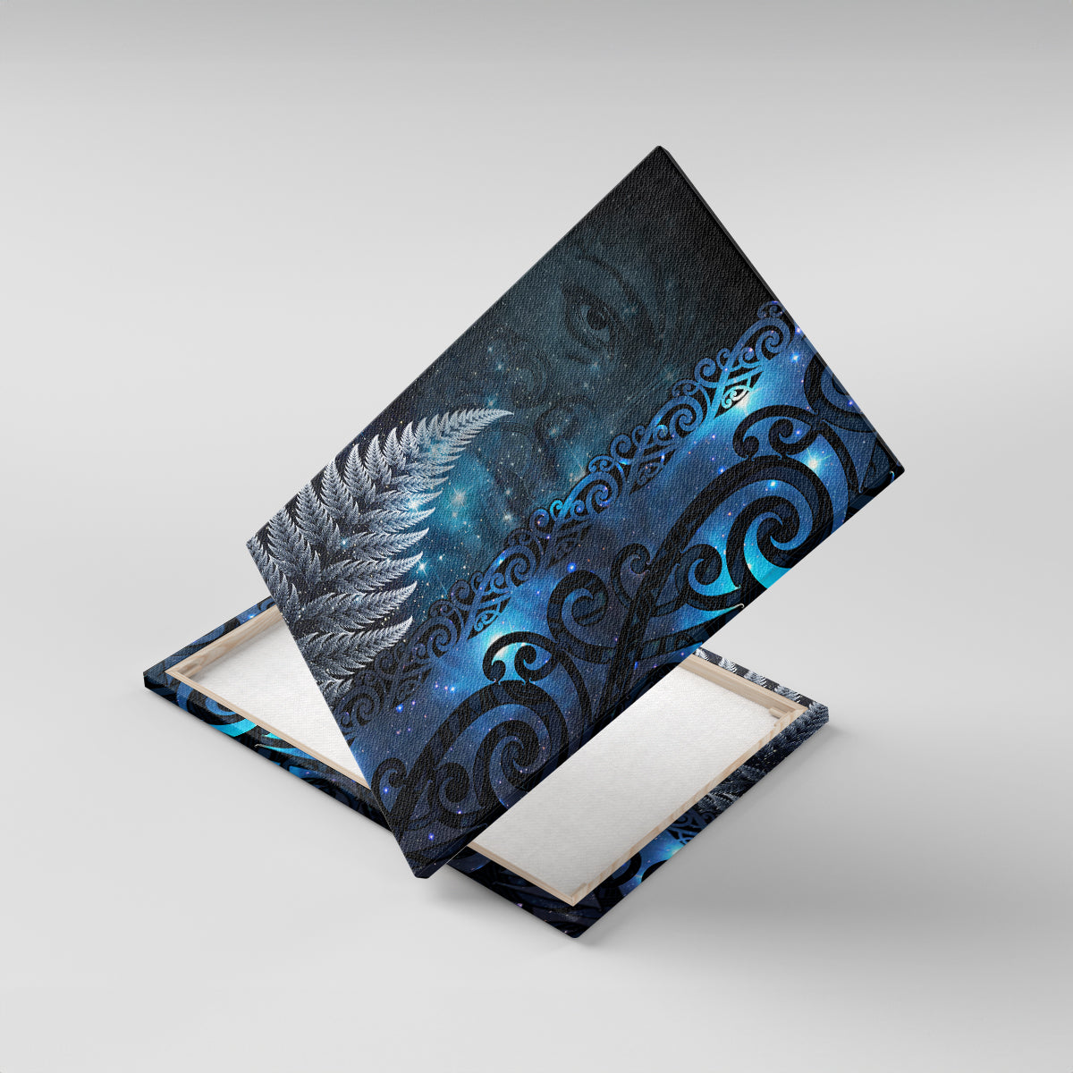 New Zealand Matariki Canvas Wall Art The Tribal Maori Face and Silver Fern LT03 With Frame Blue - Polynesian Pride
