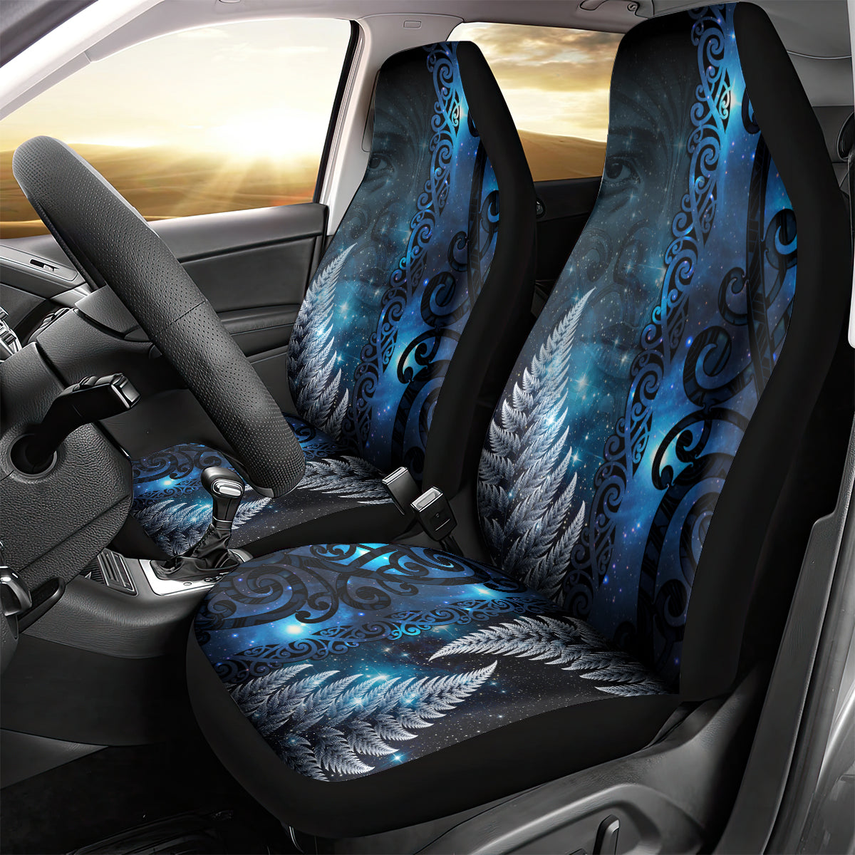 New Zealand Matariki Car Seat Cover The Tribal Maori Face and Silver Fern LT03 - Polynesian Pride