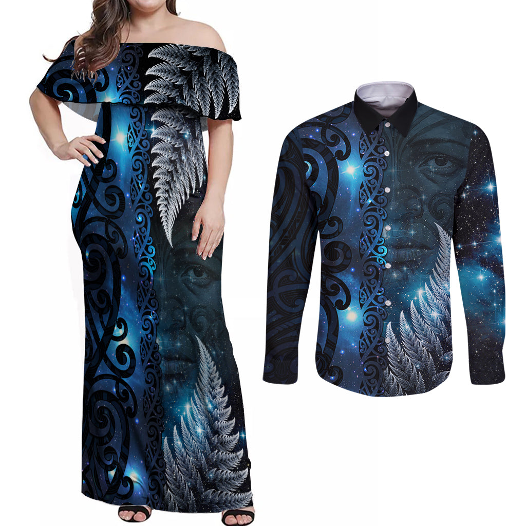 New Zealand Matariki Couples Matching Off Shoulder Maxi Dress and Long Sleeve Button Shirt The Tribal Maori Face and Silver Fern LT03 Blue - Polynesian Pride