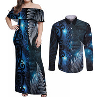 New Zealand Matariki Couples Matching Off Shoulder Maxi Dress and Long Sleeve Button Shirt The Tribal Maori Face and Silver Fern LT03 Blue - Polynesian Pride