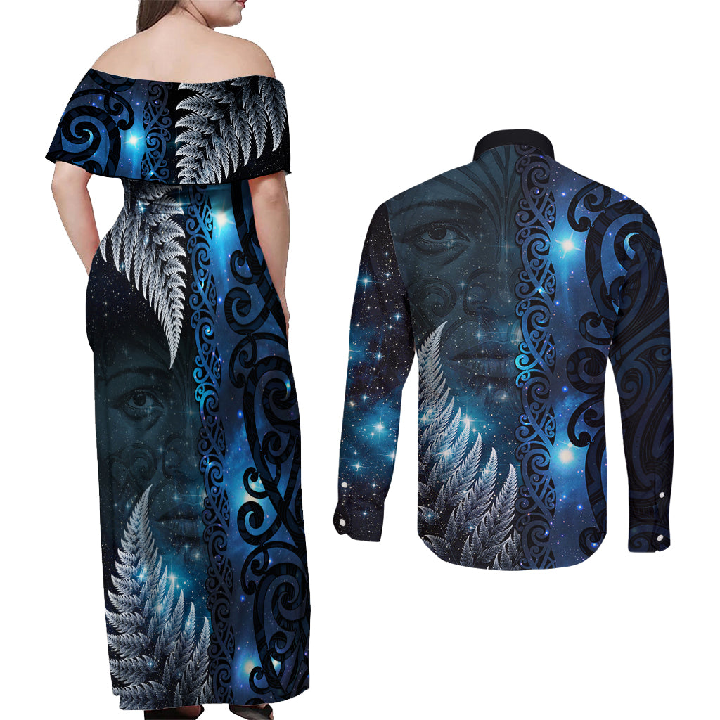 New Zealand Matariki Couples Matching Off Shoulder Maxi Dress and Long Sleeve Button Shirt The Tribal Maori Face and Silver Fern LT03 - Polynesian Pride
