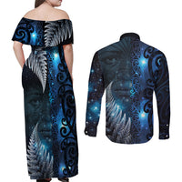 New Zealand Matariki Couples Matching Off Shoulder Maxi Dress and Long Sleeve Button Shirt The Tribal Maori Face and Silver Fern LT03 - Polynesian Pride