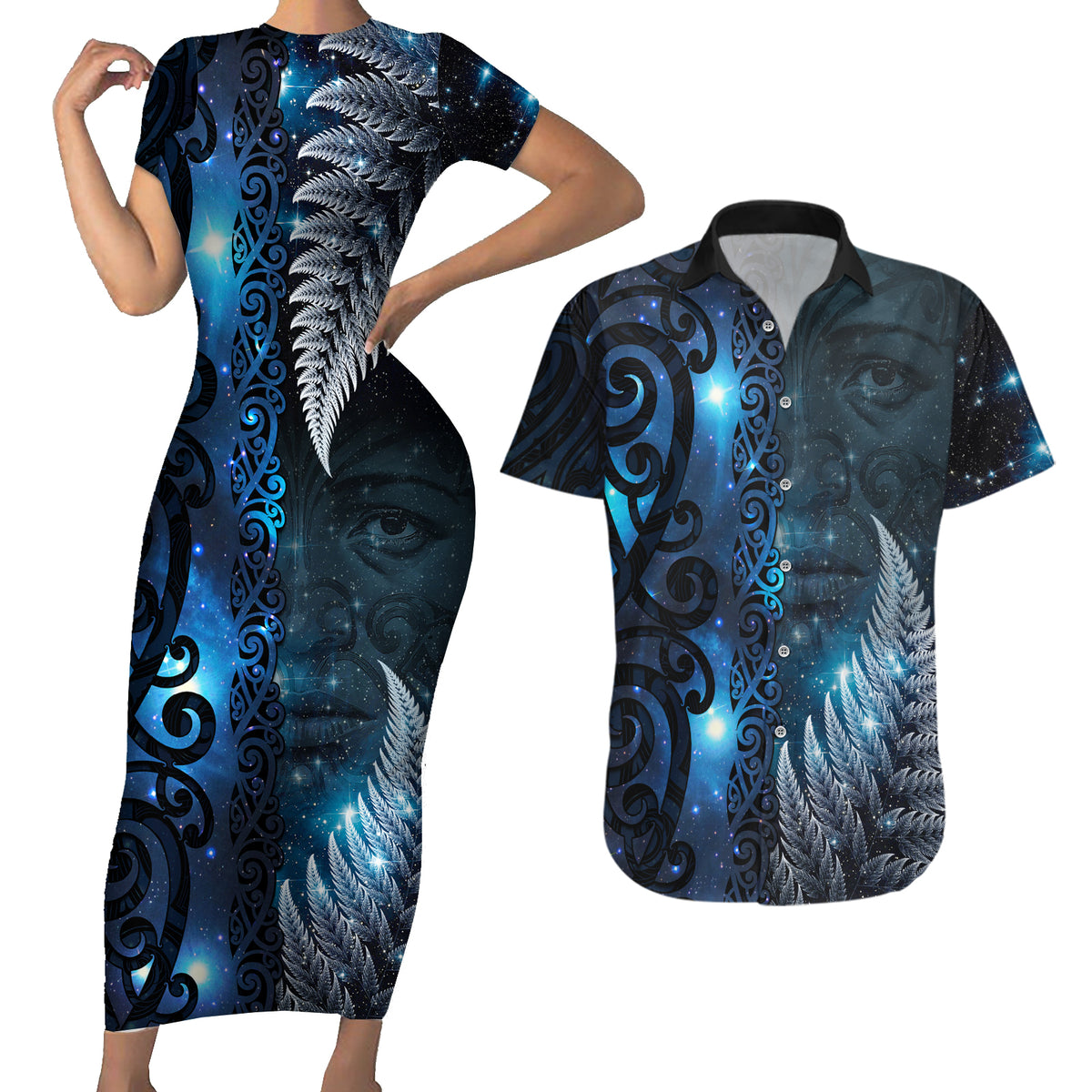 New Zealand Matariki Couples Matching Short Sleeve Bodycon Dress and Hawaiian Shirt The Tribal Maori Face and Silver Fern LT03 Blue - Polynesian Pride