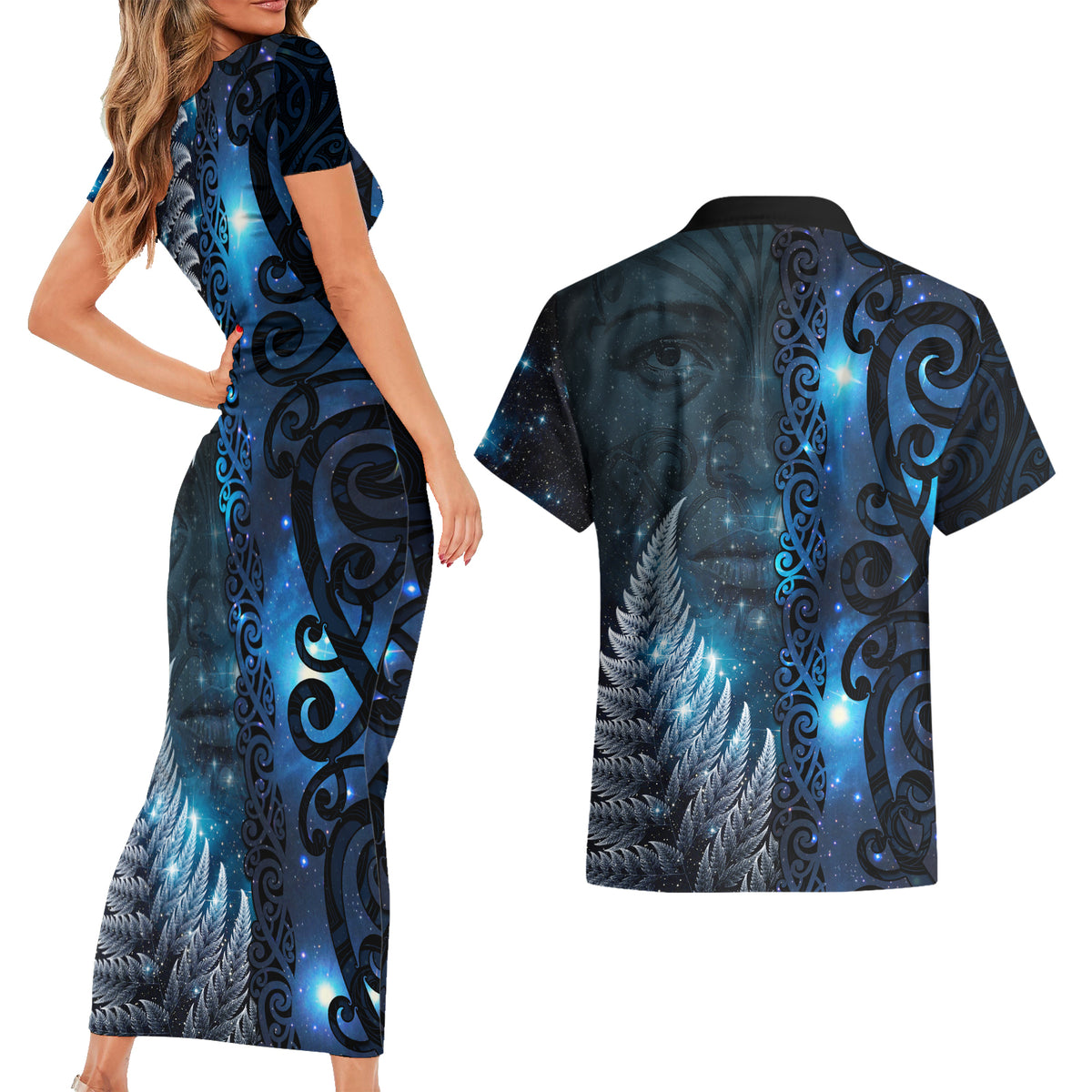 New Zealand Matariki Couples Matching Short Sleeve Bodycon Dress and Hawaiian Shirt The Tribal Maori Face and Silver Fern LT03 - Polynesian Pride