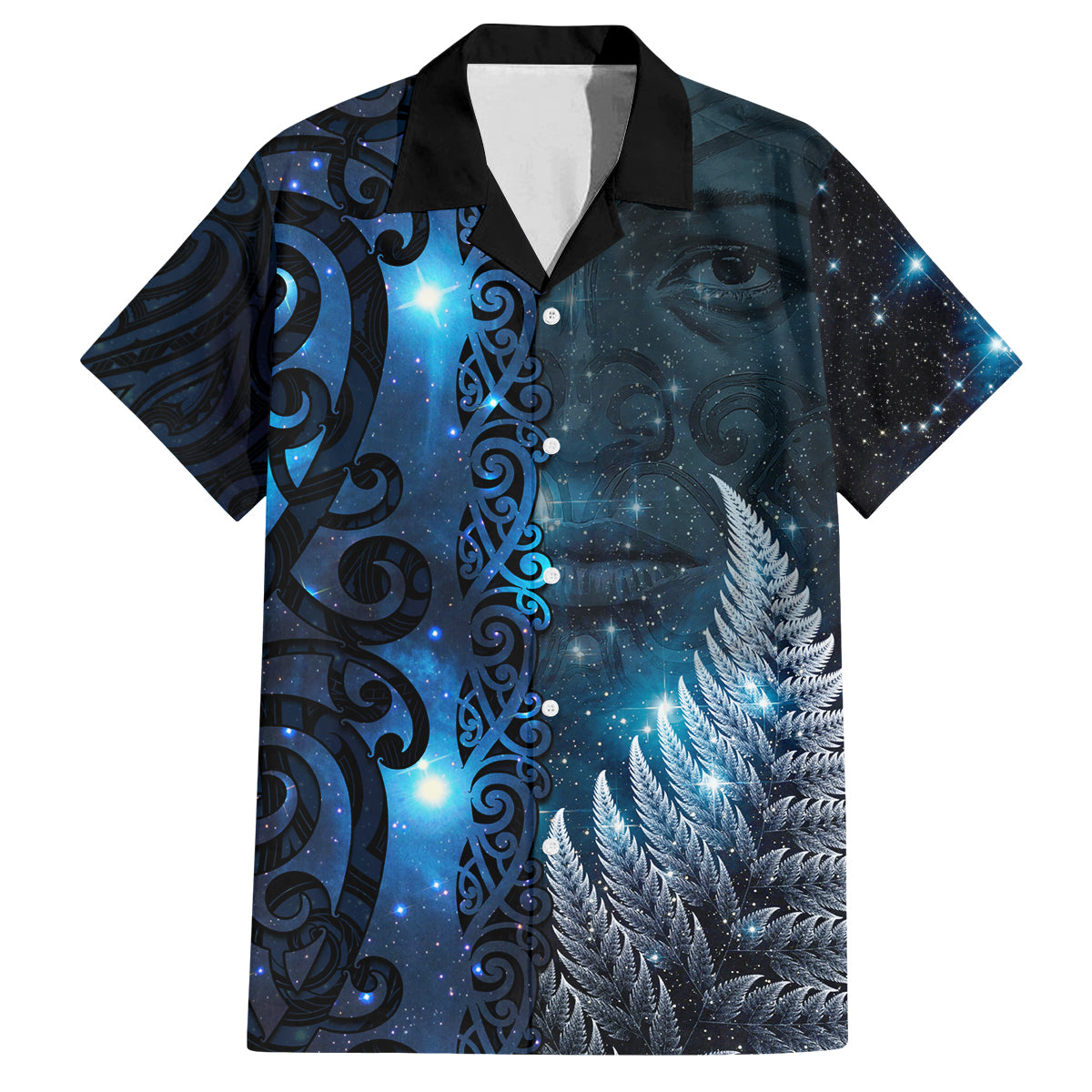 New Zealand Matariki Family Matching Long Sleeve Bodycon Dress and Hawaiian Shirt The Tribal Maori Face and Silver Fern LT03 Dad's Shirt - Short Sleeve Blue - Polynesian Pride