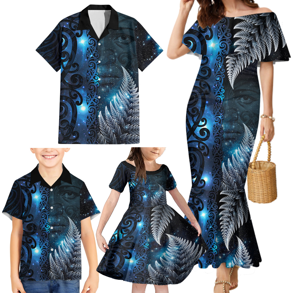 New Zealand Matariki Family Matching Mermaid Dress and Hawaiian Shirt The Tribal Maori Face and Silver Fern LT03 - Polynesian Pride