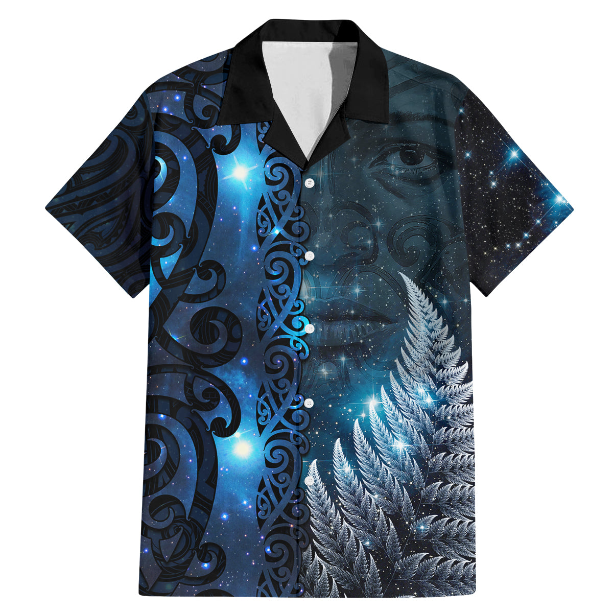 New Zealand Matariki Family Matching Mermaid Dress and Hawaiian Shirt The Tribal Maori Face and Silver Fern LT03 Dad's Shirt - Short Sleeve Blue - Polynesian Pride