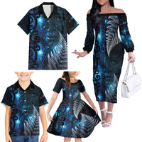 New Zealand Matariki Family Matching Off The Shoulder Long Sleeve Dress and Hawaiian Shirt The Tribal Maori Face and Silver Fern LT03 - Polynesian Pride