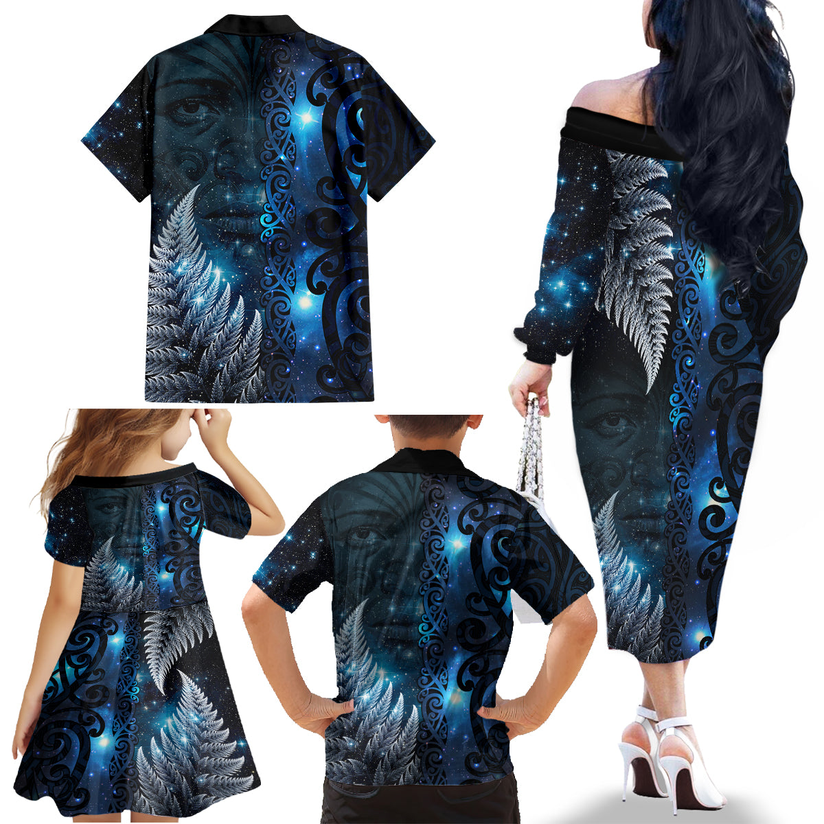 New Zealand Matariki Family Matching Off The Shoulder Long Sleeve Dress and Hawaiian Shirt The Tribal Maori Face and Silver Fern LT03 - Polynesian Pride