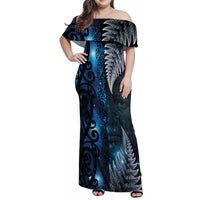 New Zealand Matariki Family Matching Off Shoulder Maxi Dress and Hawaiian Shirt The Tribal Maori Face and Silver Fern LT03 Mom's Dress Blue - Polynesian Pride