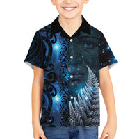 New Zealand Matariki Family Matching Off Shoulder Maxi Dress and Hawaiian Shirt The Tribal Maori Face and Silver Fern LT03 Son's Shirt Blue - Polynesian Pride