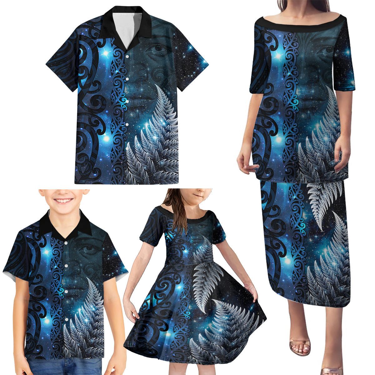 New Zealand Matariki Family Matching Puletasi and Hawaiian Shirt The Tribal Maori Face and Silver Fern LT03 - Polynesian Pride