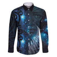 New Zealand Matariki Family Matching Short Sleeve Bodycon Dress and Hawaiian Shirt The Tribal Maori Face and Silver Fern LT03 Dad's Shirt - Long Sleeve Blue - Polynesian Pride
