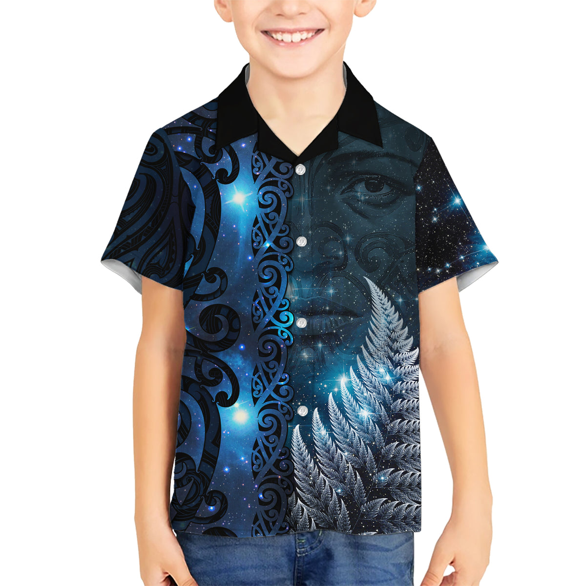 New Zealand Matariki Family Matching Short Sleeve Bodycon Dress and Hawaiian Shirt The Tribal Maori Face and Silver Fern LT03 Son's Shirt Blue - Polynesian Pride