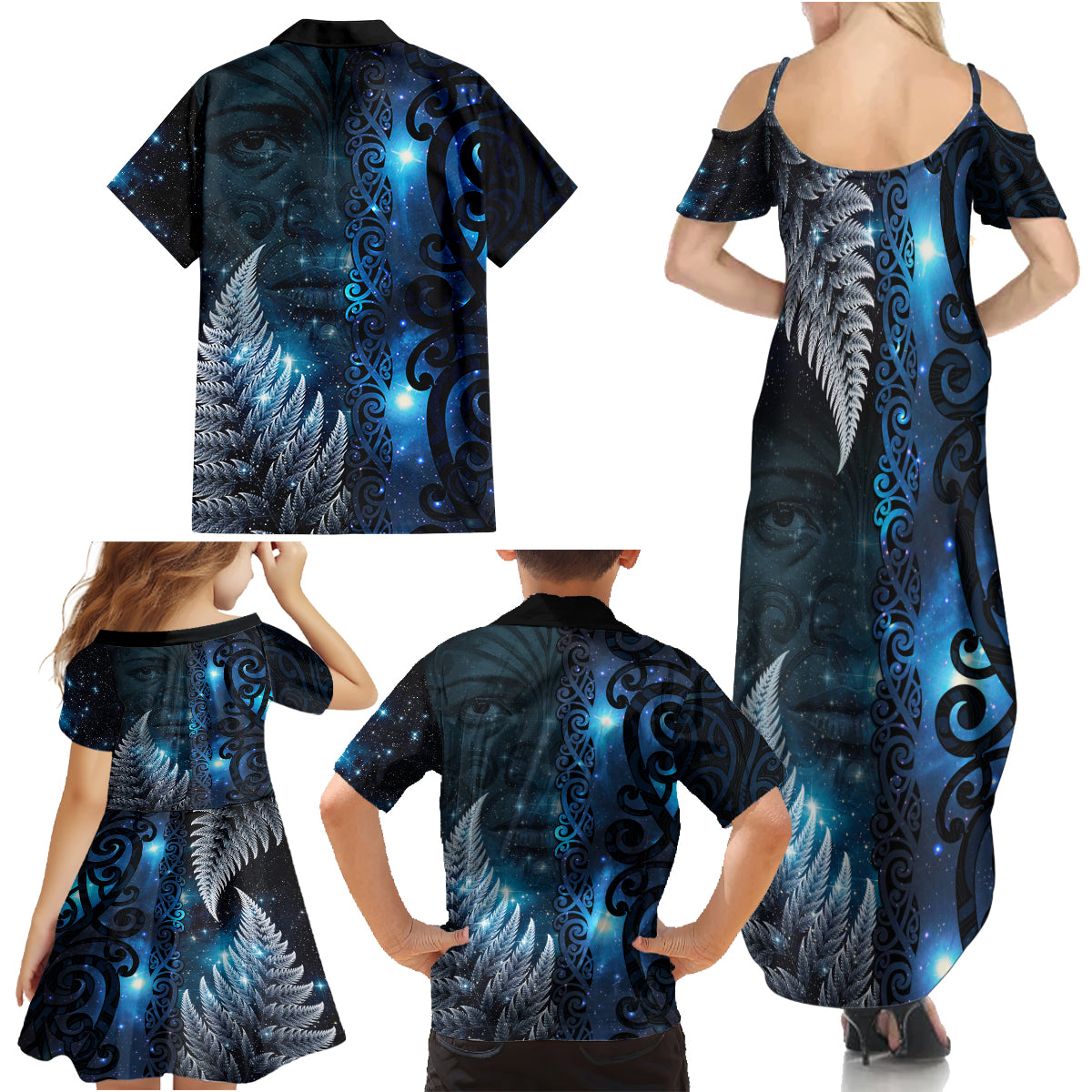 New Zealand Matariki Family Matching Summer Maxi Dress and Hawaiian Shirt The Tribal Maori Face and Silver Fern LT03 - Polynesian Pride