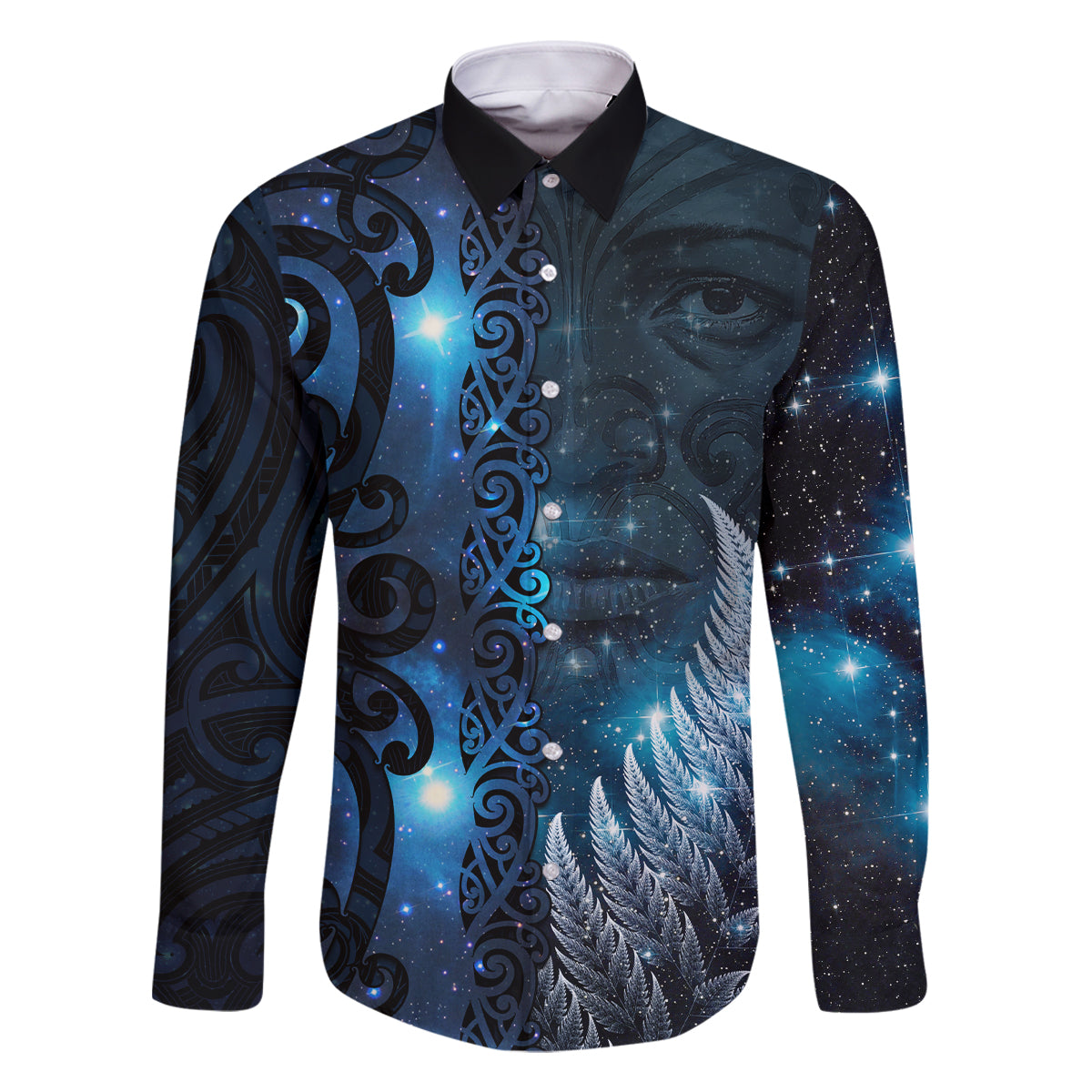 New Zealand Matariki Family Matching Summer Maxi Dress and Hawaiian Shirt The Tribal Maori Face and Silver Fern LT03 Dad's Shirt - Long Sleeve Blue - Polynesian Pride
