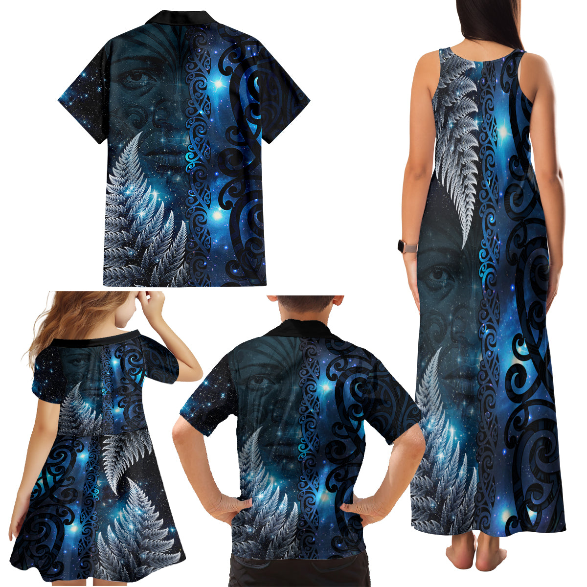 New Zealand Matariki Family Matching Tank Maxi Dress and Hawaiian Shirt The Tribal Maori Face and Silver Fern LT03 - Polynesian Pride