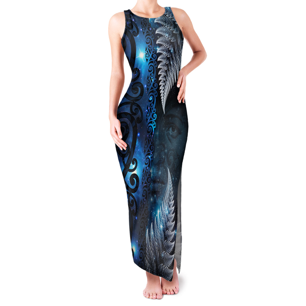 New Zealand Matariki Family Matching Tank Maxi Dress and Hawaiian Shirt The Tribal Maori Face and Silver Fern LT03 Mom's Dress Blue - Polynesian Pride