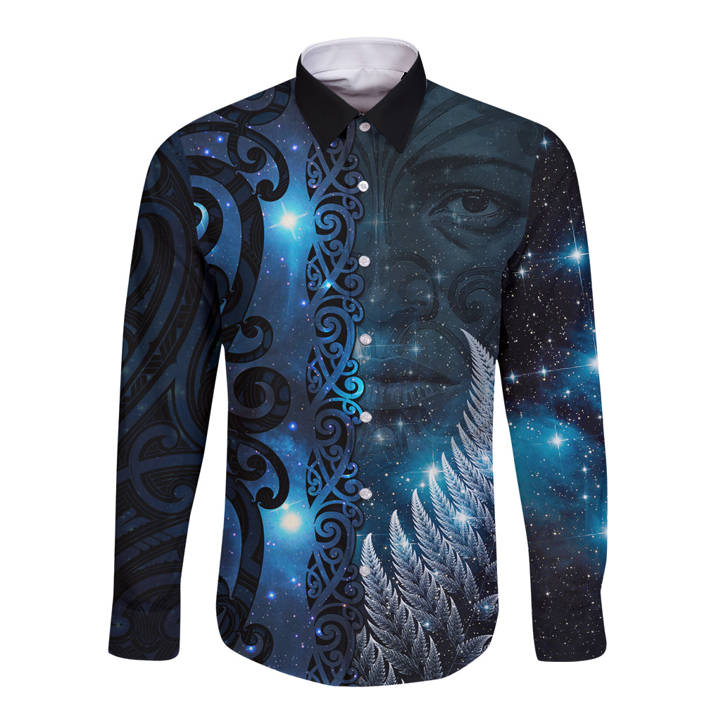 New Zealand Matariki Long Sleeve Button Shirt The Tribal Maori Face and Silver Fern LT03 Unisex Blue - Polynesian Pride