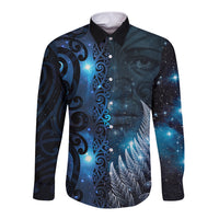 New Zealand Matariki Long Sleeve Button Shirt The Tribal Maori Face and Silver Fern LT03 Unisex Blue - Polynesian Pride