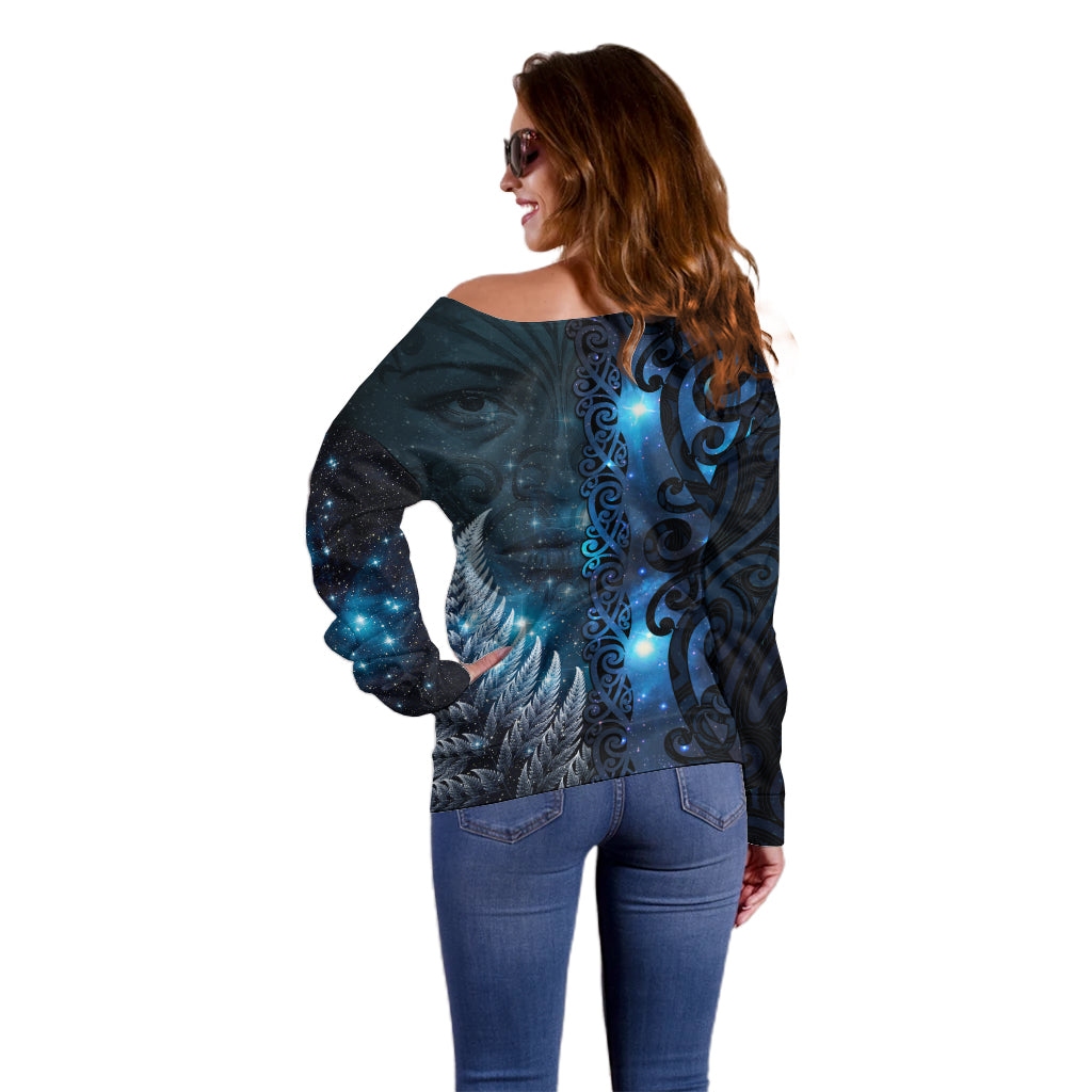 New Zealand Matariki Off Shoulder Sweater The Tribal Maori Face and Silver Fern LT03 - Polynesian Pride