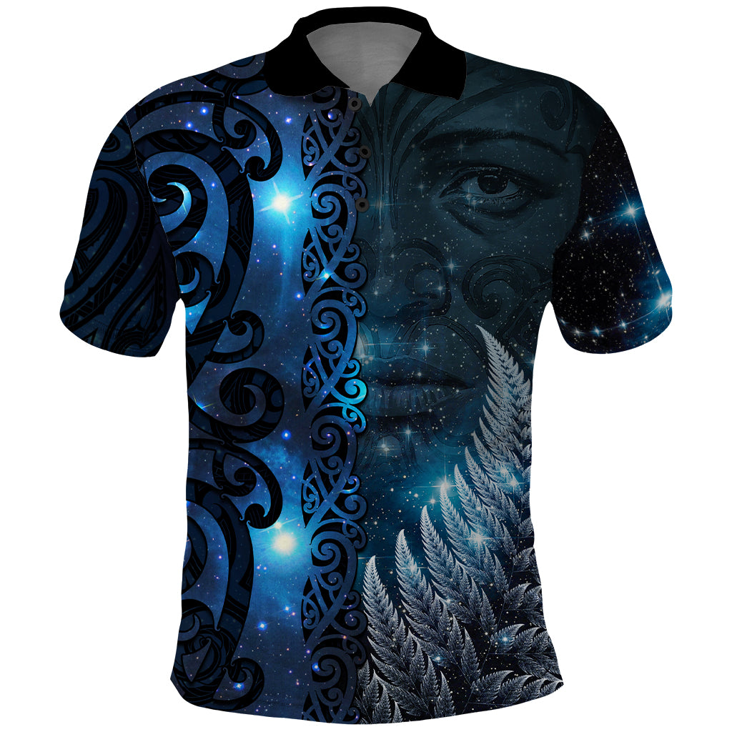 New Zealand Matariki Polo Shirt The Tribal Maori Face and Silver Fern LT03 Blue - Polynesian Pride