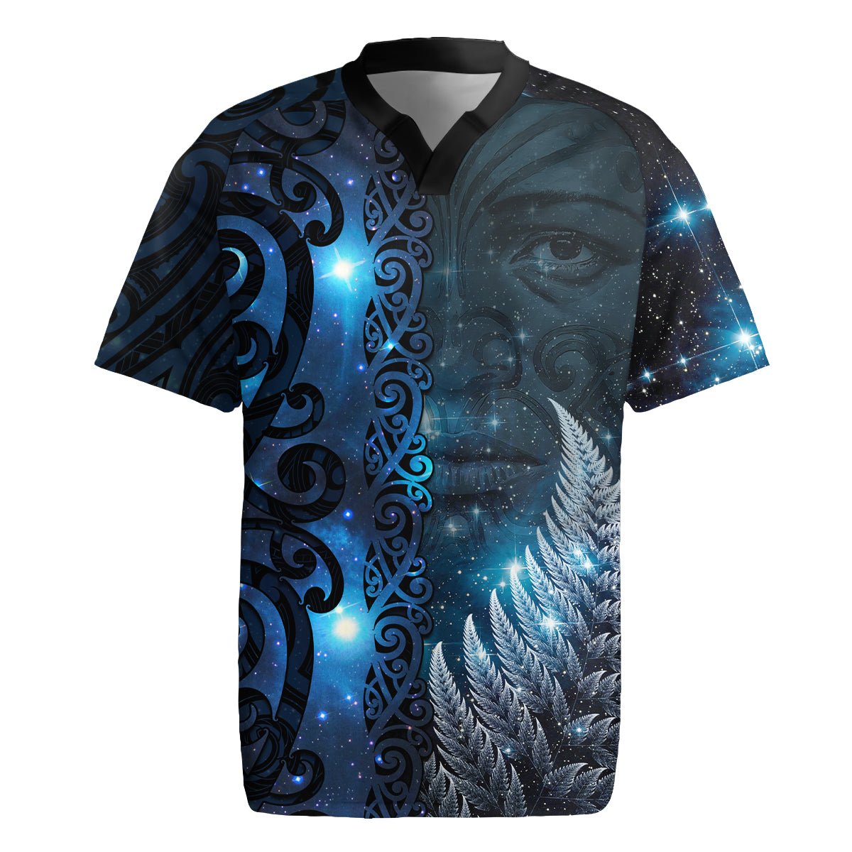 New Zealand Matariki Rugby Jersey The Tribal Maori Face and Silver Fern LT03 Blue - Polynesian Pride