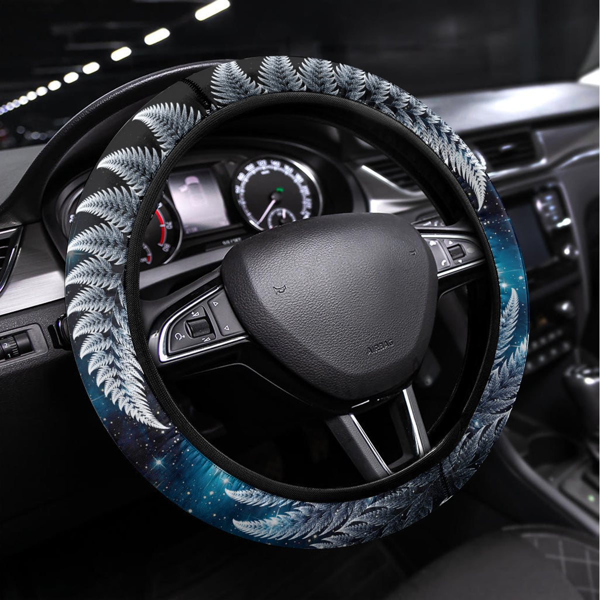 New Zealand Matariki Steering Wheel Cover The Tribal Maori Face and Silver Fern LT03 Universal Fit Blue - Polynesian Pride